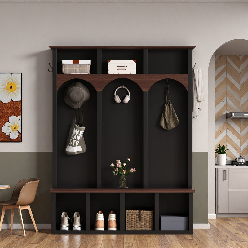 Farmhouse Wooden Style Hall Tree With Arched Design, 5 Hooks And 7 Open Compartments, Black