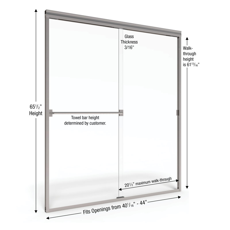 40'' - 44'' W x 65.5'' H Bypass Semi-Frameless Shower Door with Pattern Glass, Silver, Clear