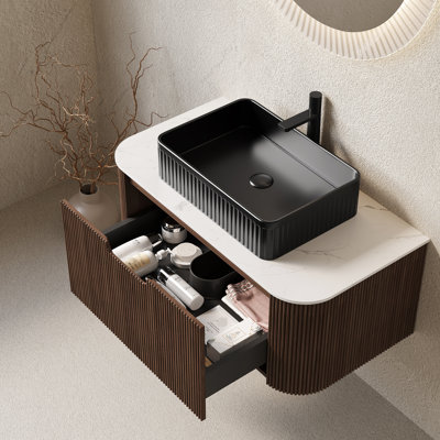 Meuble-lavabo flottant 36 po avec lavabo 36 po, finition noyer foncé rayé, armoire noire robuste en contreplaqué, tiroir silencieux à fermeture en douceur