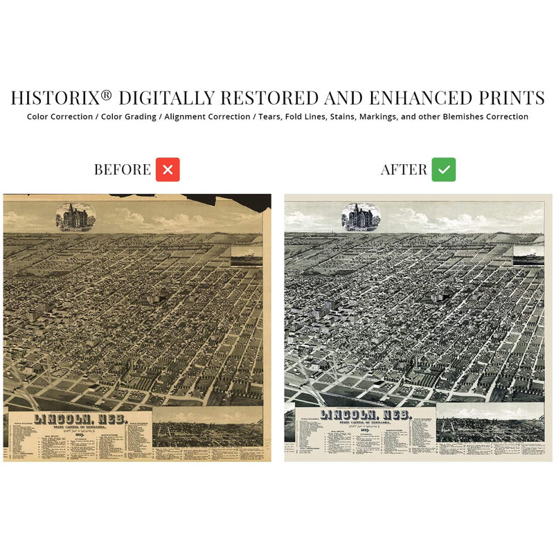 Carte rétro du Lincoln Nebraska de 1889 - impression d'art graphique sans cadre sur papier, H 24 po x l 36 po x P 0,1 po