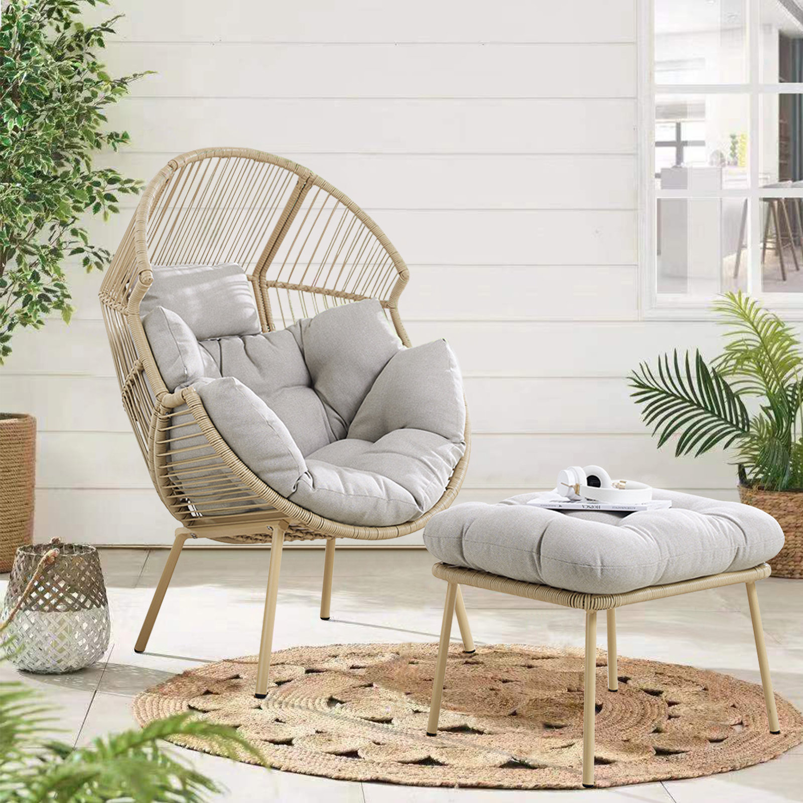 Round Chair Wicker Egg Chair With Ottoman, Egg Basket Lounge Chair