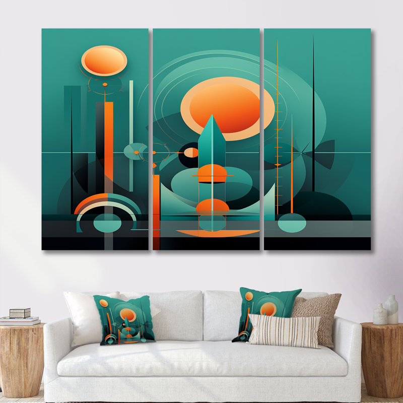 Ensemble d'art mural rétro moderne pleine lune City I - Mid-Century, H 28 po x l 36 po x P 1 po, Toile tendue