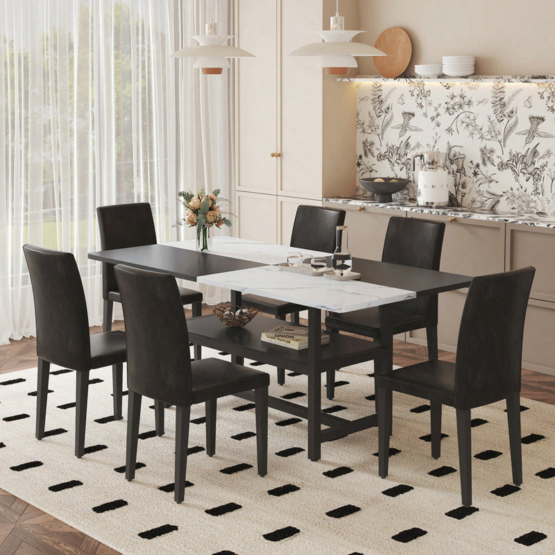 Ensemble de table et de chaises 71 x 35,4 pouces avec table de salle à manger épissée blanche et noire avec fonction de rangement au milieu des pieds de la table, jumelée à 6 chaises de salle à manger en polyuréthane noir