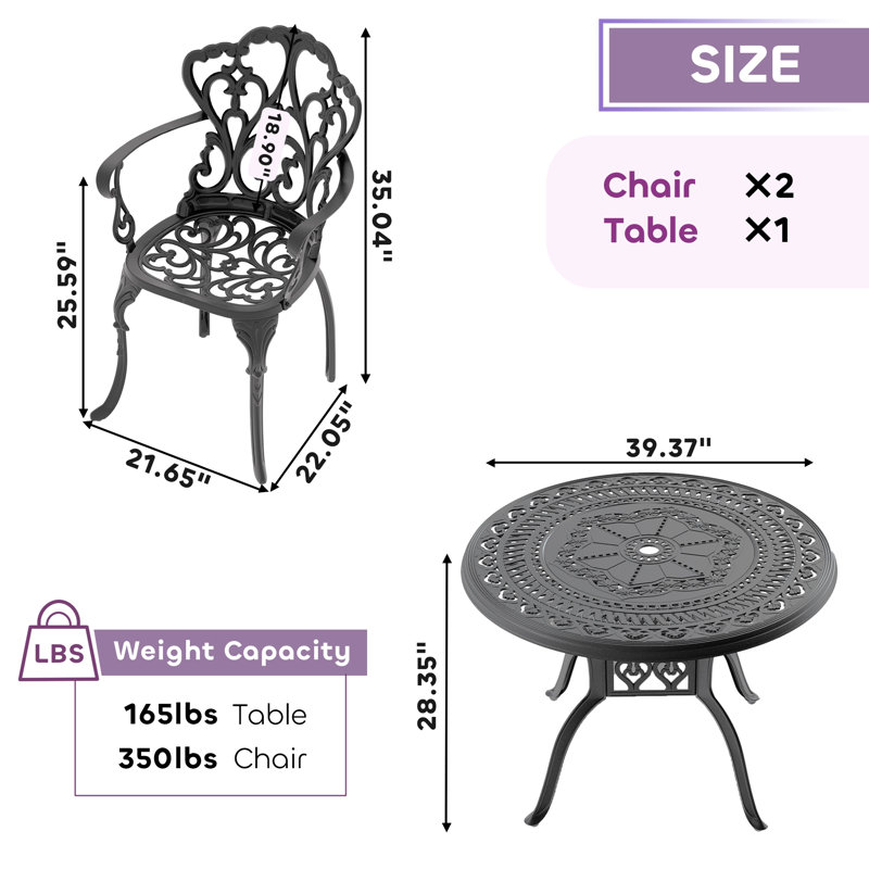 Ensemble de salle à manger bistro 3 pièces, table ronde de 100 cm avec trou pour parasol et 2 fauteuils avec coussins beiges