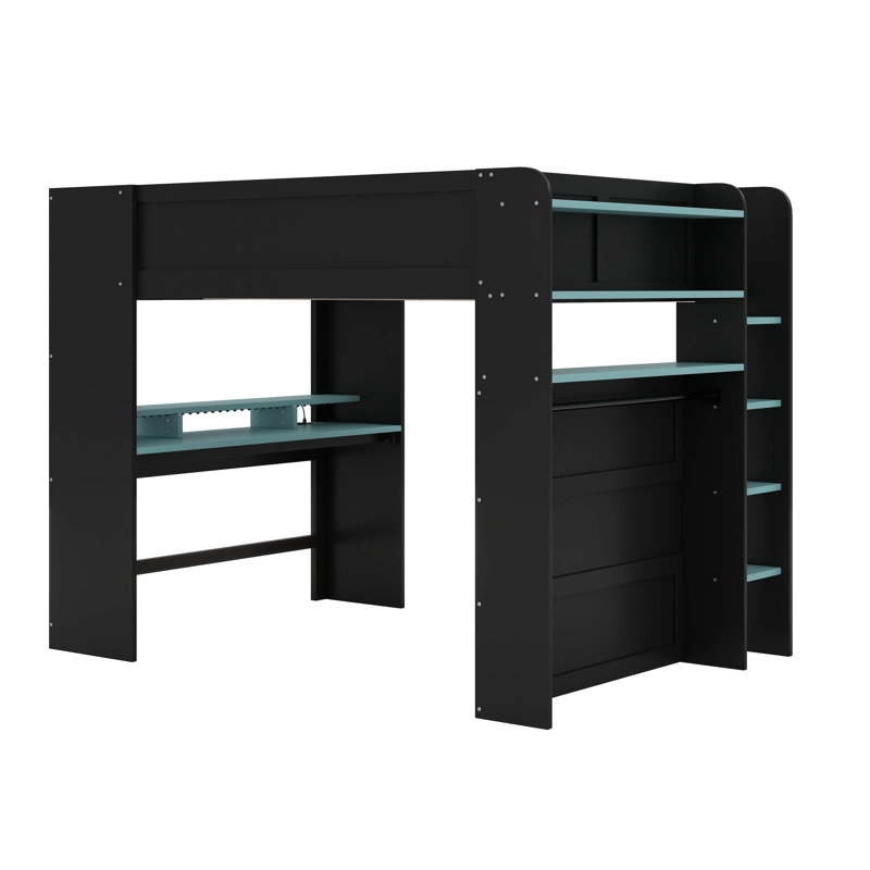 Lit mezzanine double avec bureau à hauteur réglable, garde-robe et lumière RVB, Noir / Bleu