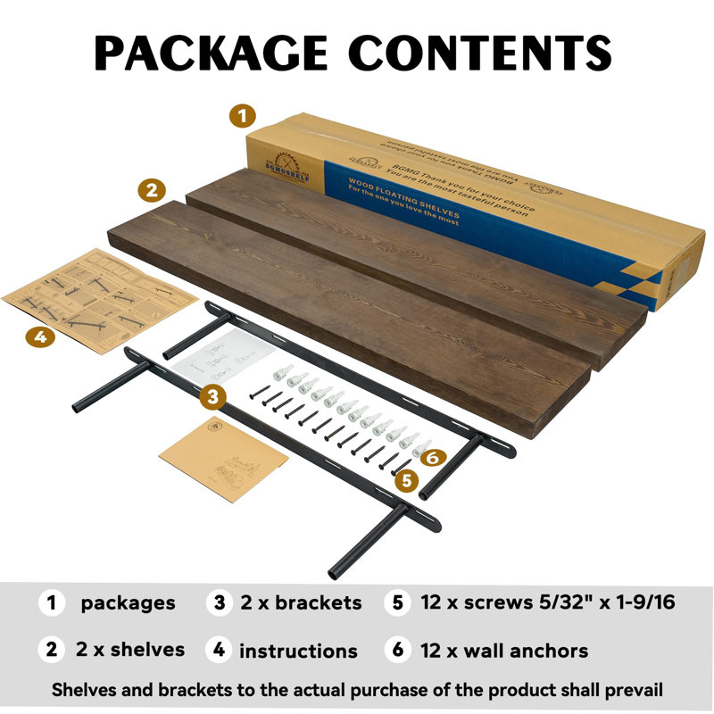 Rustic Wooden Floating Shelf (Set of 2), for Home Decor and Storage, Walnut, 1.25" H x 36" W x 6.7" D