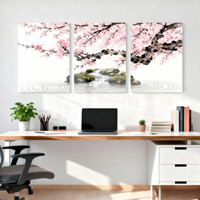 Arbre à fleurs de cerisier et chute d'eau sur toile, ensemble de 3 reproductions de peintures à l'huile pour salon, chambre à coucher ou bureau
