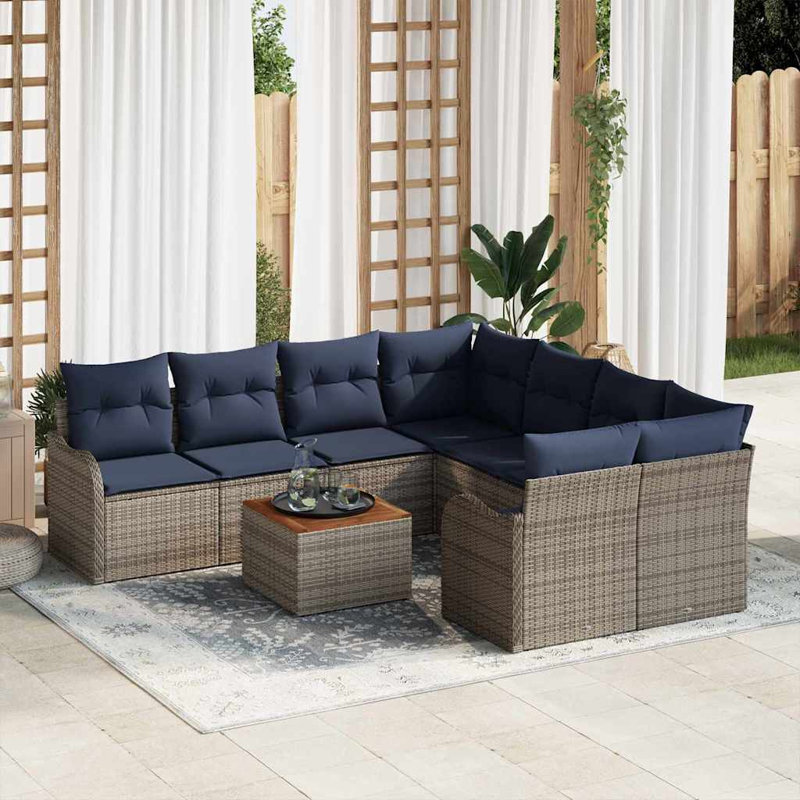  Garden Sofa Set 9 Pcs Grey Poly Rattan, Navy Blue Cushion/Gray Frame