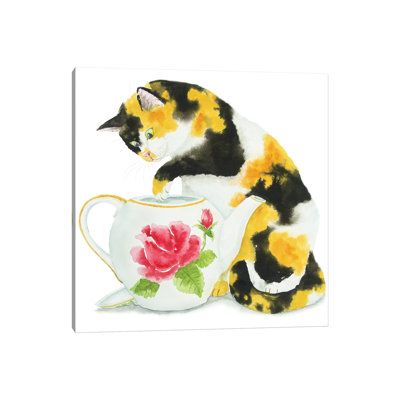 Calico Cat And Teapot by Alexey Dmitrievich Shmyrov - Wrapped Canvas Print