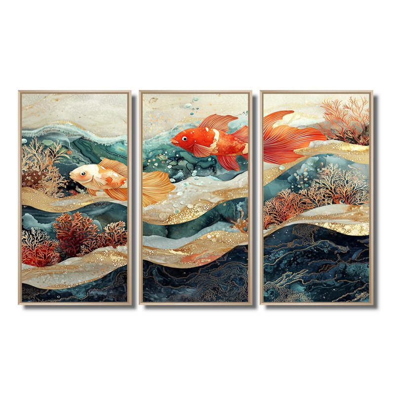 «Coastal Fish Friends Above A Coral I» - Art mural corail - ensemble de 3, H 32 po x l 48 po, Érable