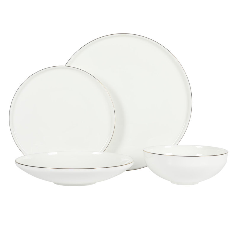 White Porcelain 16-Piece Minimalist Dinnerware Set with Gold Rim