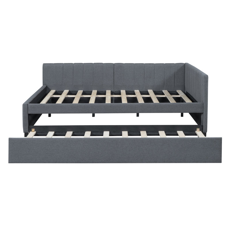 Full Size Upholstered Daybed with Trundle, Linen Fabric Sofa Bed Frame, No Box Spring, Storage Drawers(Gray), Gray
