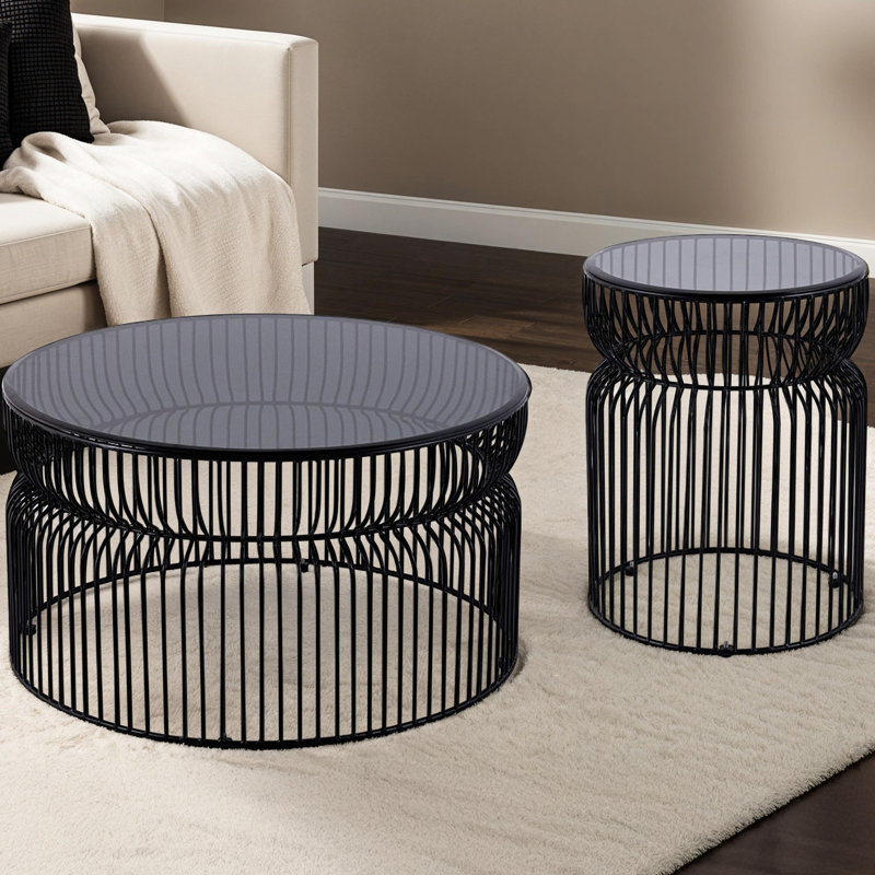 Ensemble de base moderne en métal emboîté et plateau en verre trempé teinté, table basse ronde de 30 po, table de bout d'une hauteur de 21 po, table d'appoint pour le salon, noir