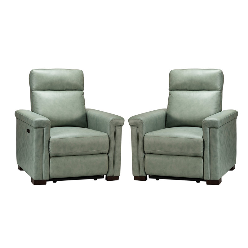 Adela 36.02'' W Genuine Leather Power Recliner with Solid Wood Legs, Gray  Genuine Leather