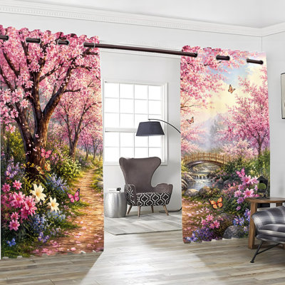 2 PCS rideaux occultants avec œillets, paysage printanier, cerisiers en fleurs, rideaux imprimés en polyester, isolation thermique, réduction du bruit, protection de la vie privée, rideaux obscurcissant pour la chambre à coucher, salon, cuisine, intérieur