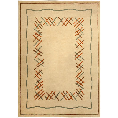 Tapis rétro ivoire / orange / vert en laine noué à la main 6 pi x 9 pi 6 po Vintage