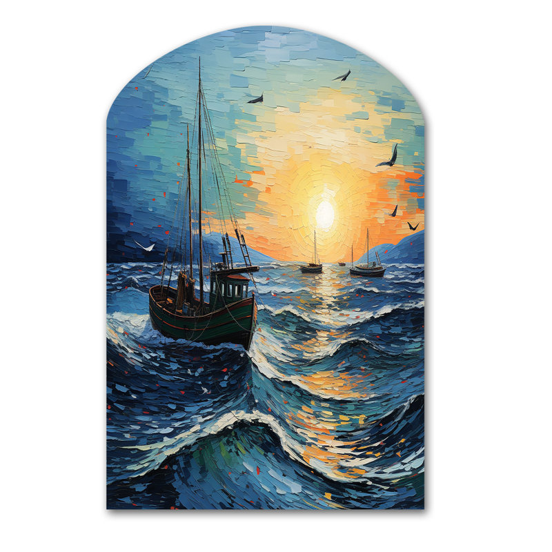 Vangogh paysage marin avec pêche III - arche Vangogh décoration murale en métal, reproduction de sculpture murale asymétrique en métal