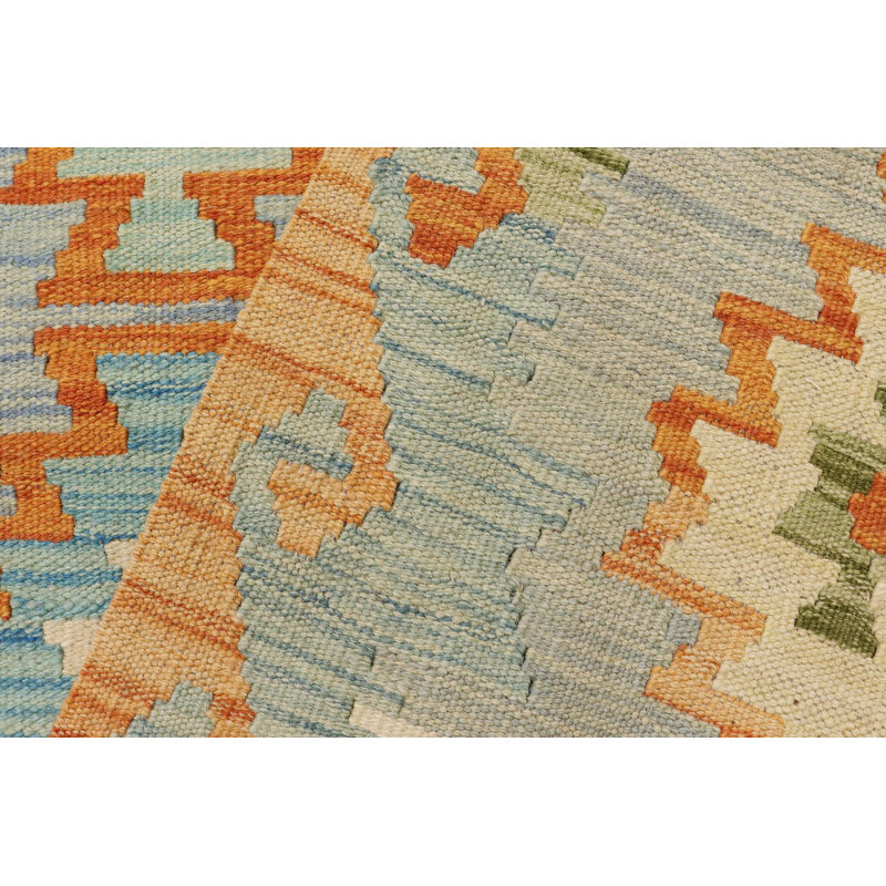 Tapis orange / bleu / jaune à motif géométrique en laine tissé à plat 8 pi 1 po x 11 pi 2 po Orrwell