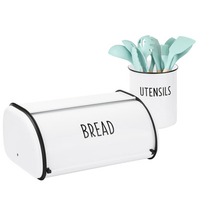Ensemble de boîte à pain et porte-ustensiles de cuisine Outshine Grande boîte à pain pour garder le pain frais | Boîte à pain et porte-ustensiles pour comptoir Farmhouse | Décoration de cuisine | Cadeau de pendaison de crémaillère