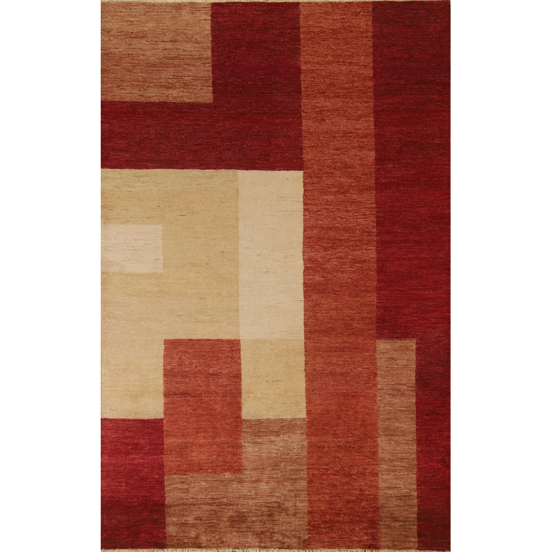 Tapis rouge / blanc / brun en laine noué à la main de conception unique 5 pi 8 po x 8 pi 2 po New Age