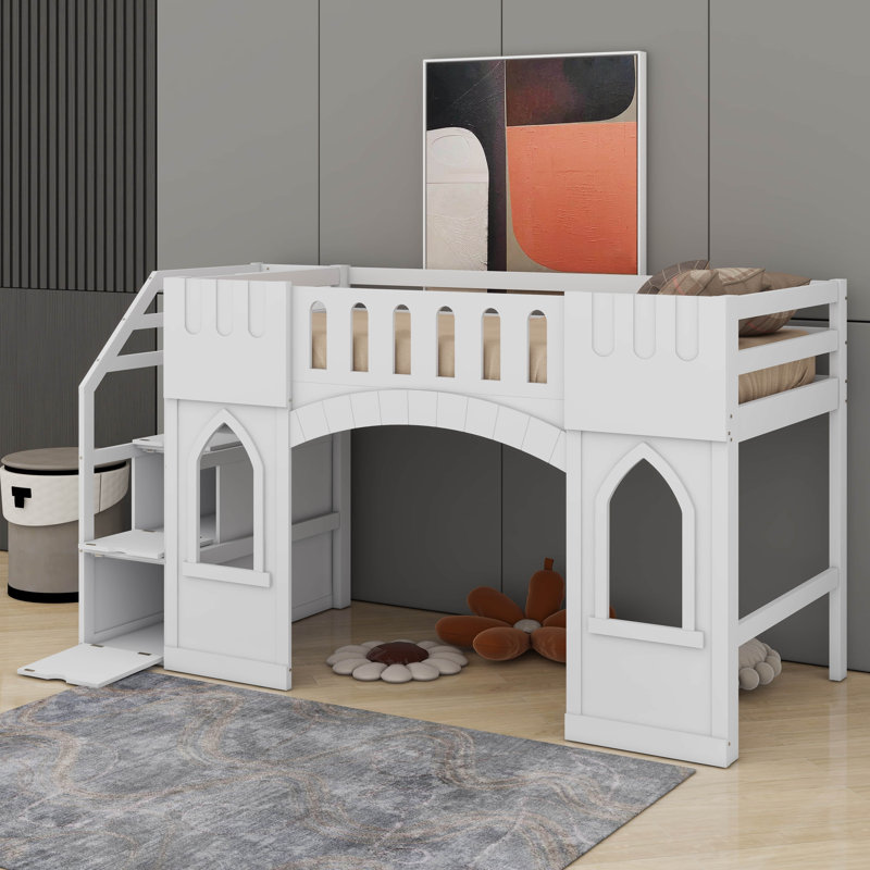 Twin Size Loft Bed With Window And Storage Staircase, White