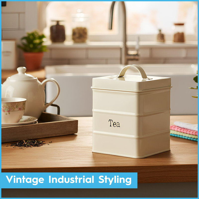 Harbour Housewares Vintage Metal Tea Canister, White, 17cm H x 12cm W x 12cm D
