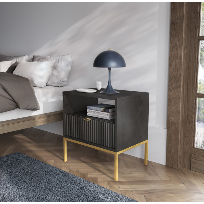Bernhardine 54 cm W Steel Bedside Table, Golden, Black