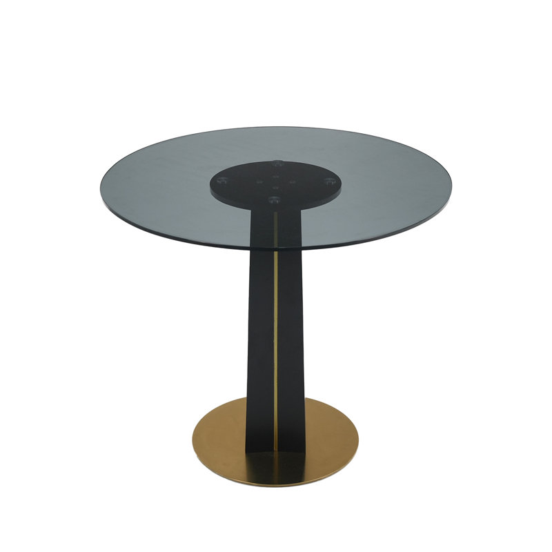 Table ronde de 85 cm en verre trempé avec pieds en bois noir et base en métal doré, rendant votre espace plus invitant, idéal pour un usage domestique, assemblage rapide