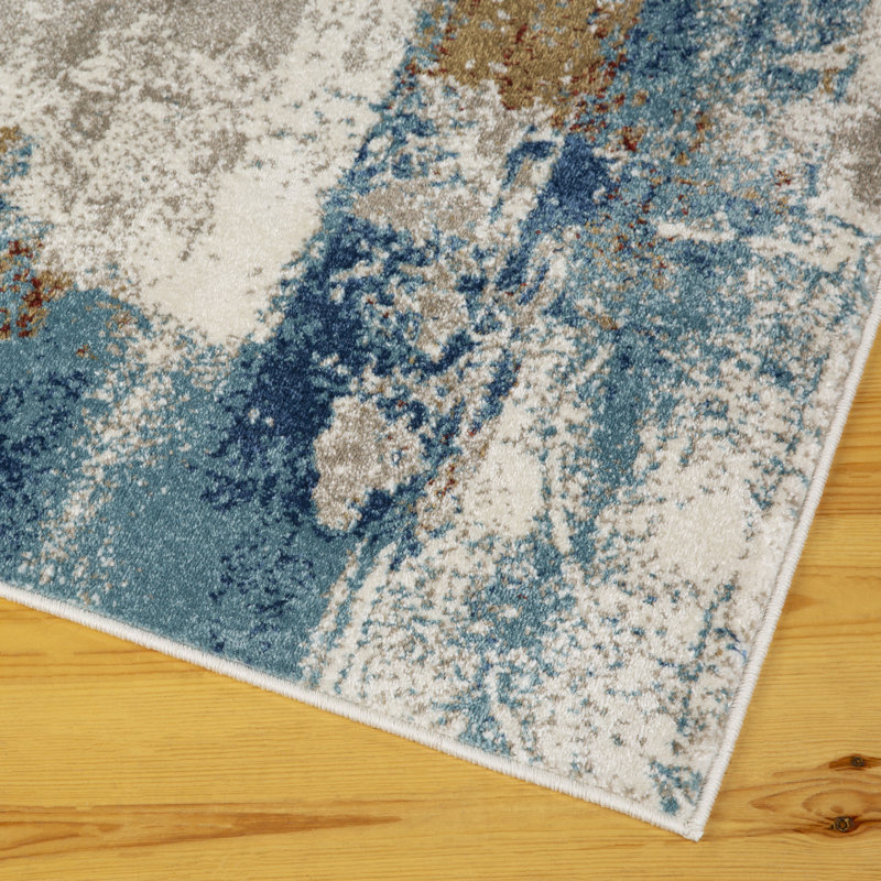 Tapis abstrait beige / bleu Sedef, Tapis de couloir de 2 pi x 7 pi