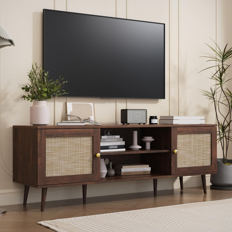 TV Stand For 55/65/70 Inch TV, Boho 59" Entertainment Center With Storage, Modern Mid Century Media Console With Rattan Doors And Adjustable Shelf, Wood TV Stand For Living Room