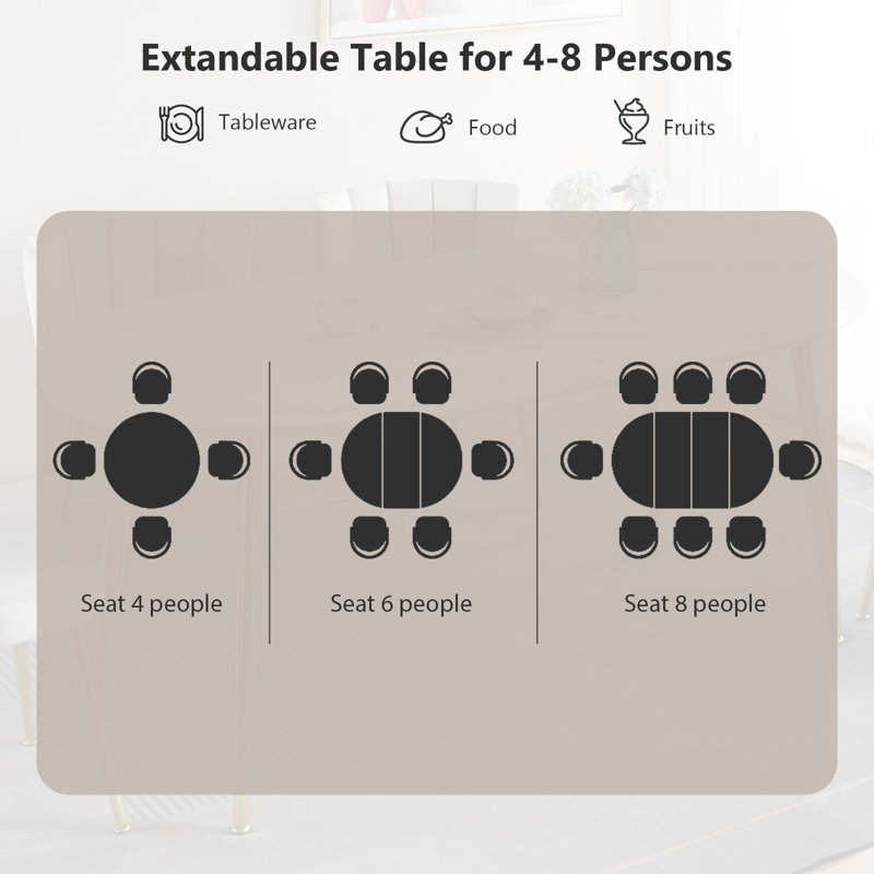 Extendable Dining Table 4-6 Seat Dining Table, White, Gold, 29.5" H x 70.8" L x 39.4" W