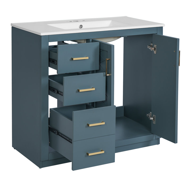 Meuble-lavabo de 36 po avec lavabo en céramique, cadre, planches de haute qualité, 3 tiroirs, tiroir à fermeture en douceur, grande capacité de rangement, style moderne, motif rainuré unique, métal exquis