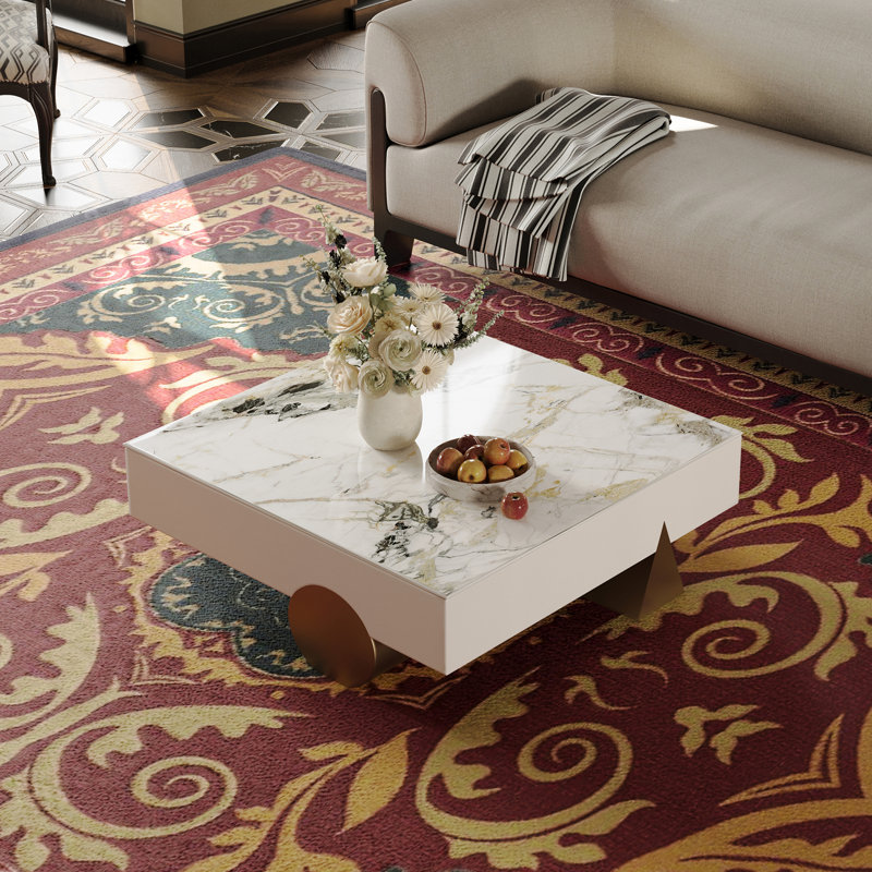 39" Square Modern Metal and Stone Coffee Table with Geometric Legs, Luxury Contemporary Design