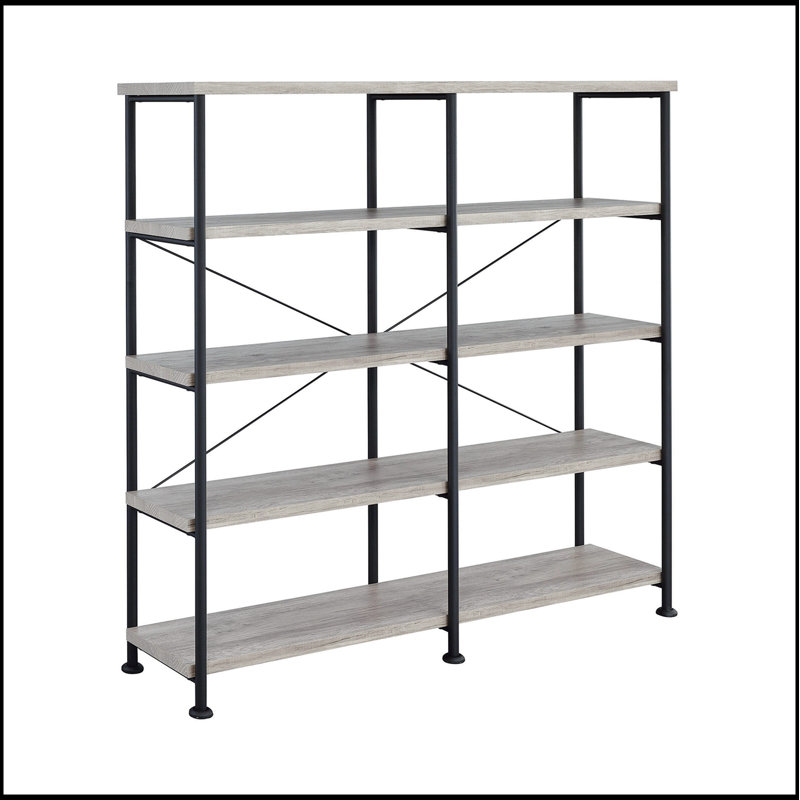 Bibliothèque ouverte à 4 tablettes en bois flotté gris, parfaite pour le rangement et la présentation avec une esthétique moderne et une fabrication robuste.