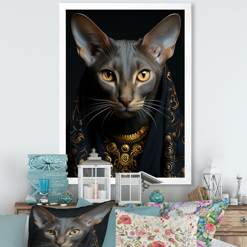 Oriental Opulence, portrait de chat I - impressions sur toile de chat, H 40 po x l 30 po x P 1,5 po, Cadre simple blanc