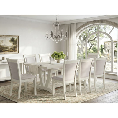 9-Pc Dinette Set Includes a Wooden Table and 8 Cream Linen Fabric Dining Chairs with High Back - Wire Brushed Linen White