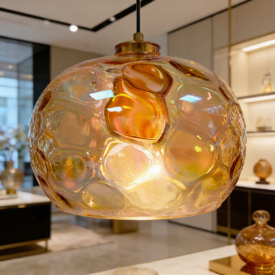 Amber Glass Pendant Light With Hammered Shade, Brass Gold Finish, Adjustable Cord For Kitchen Island, Dining Room, Living Room Ceiling