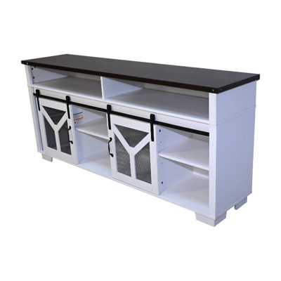 Meuble télé de 65,3 po avec bande DEL, porte coulissante en fer forgé style grange et design en Y, structure blanche et plateau en noyer noir, idéal pour le salon, compatible avec les téléviseurs de 60 et 69 pouces, montage facile, bande DEL décorative de 65,99 pouces.