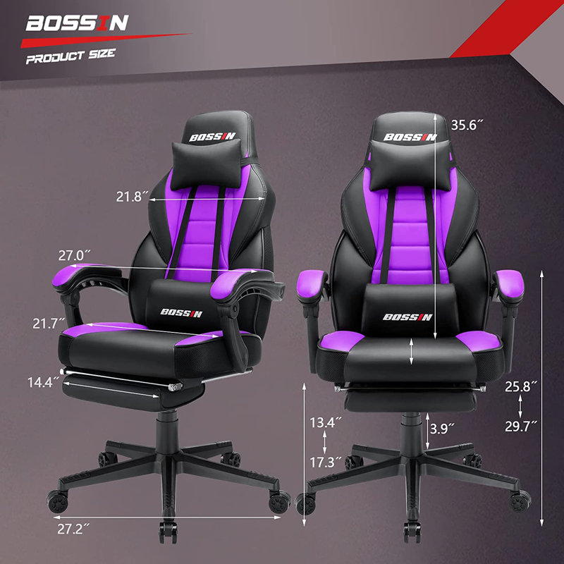 BOSSIN Adjustable Reclining Ergonomic Faux Leather Swiveling PC & Racing Game Chair with Footrest in Purple