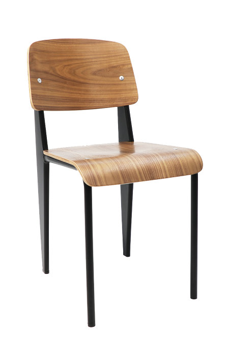 Chaise en métal noir avec dossier et assise en placage