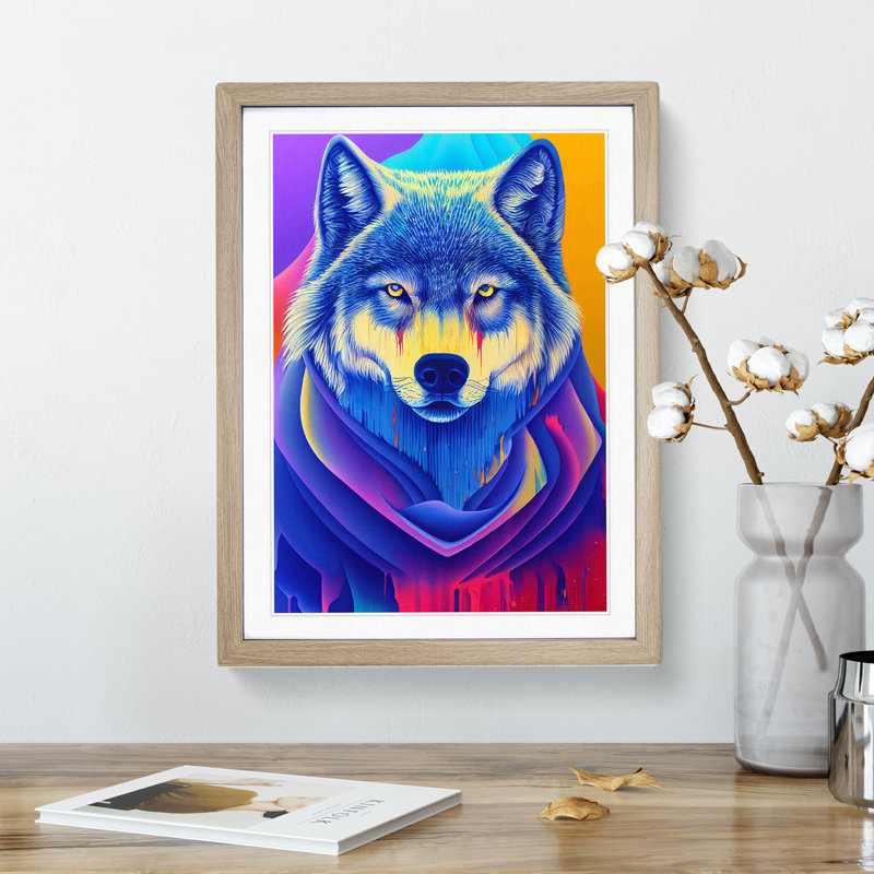 XV1022-5250X Wolf Dripping Paint No.1 1 Piece Single Picture Frame Wall Art, 46cm H x 34cm W, Oak Framed
