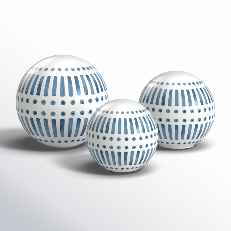 Neutral Modern Line Design Decorative Orb Set of 3, Blue