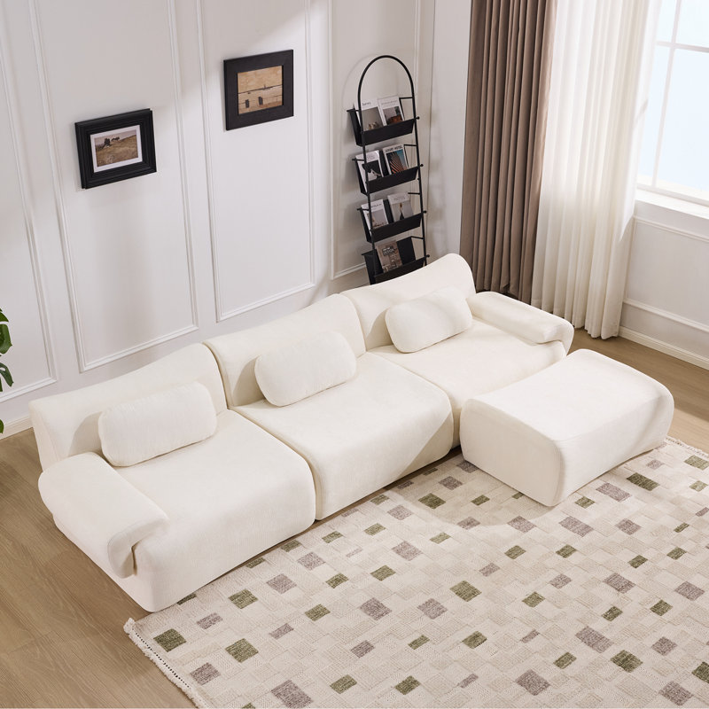 Canapé rembourré avec 3 coussins et repose-pieds, Blanc