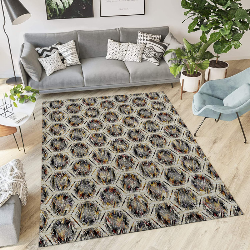 Tapis intérieur / extérieur rectangulaire en polyester tissé à la machine beige / brun / gris, Rectangle 5 pi x 7 pi