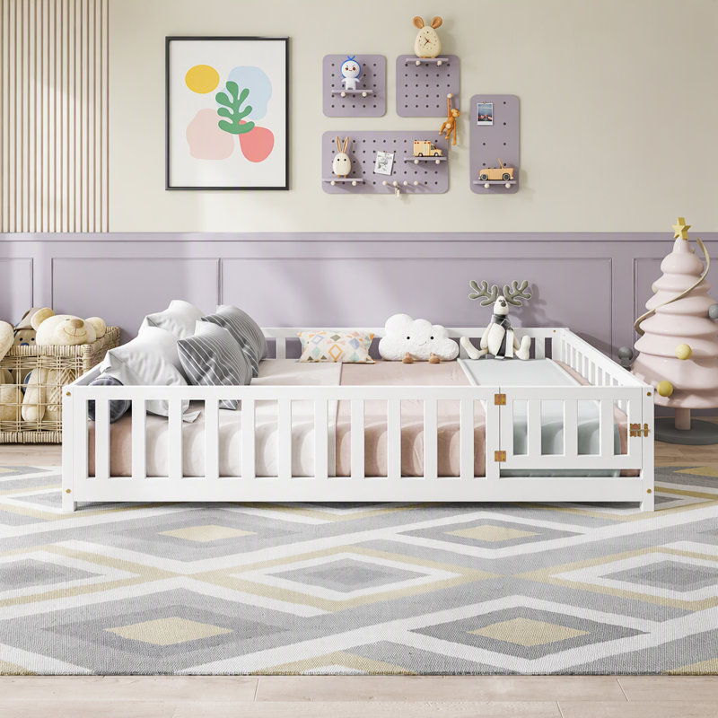 Full Size Floor Platform Bed With Fence And Door For Kids, Montessori Floor Bed Frame With Support Slats For Toddlers, Wooden Floor Bed