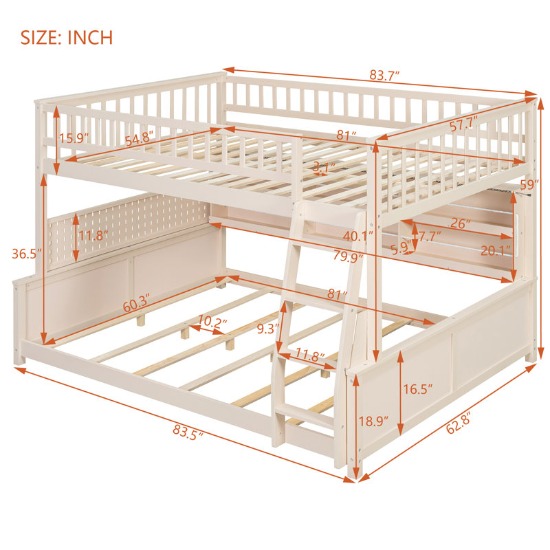 Full Xl Over Queen Low Bunk Bed With Built In Lighted Shelves And Pegboard, Beige, Full XL over Queen