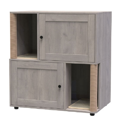 Enceinte de litière à 2 niveaux avec poteau à griffer et tapis double, meuble à litière double pour 2 chats, armoire pour chat en bois