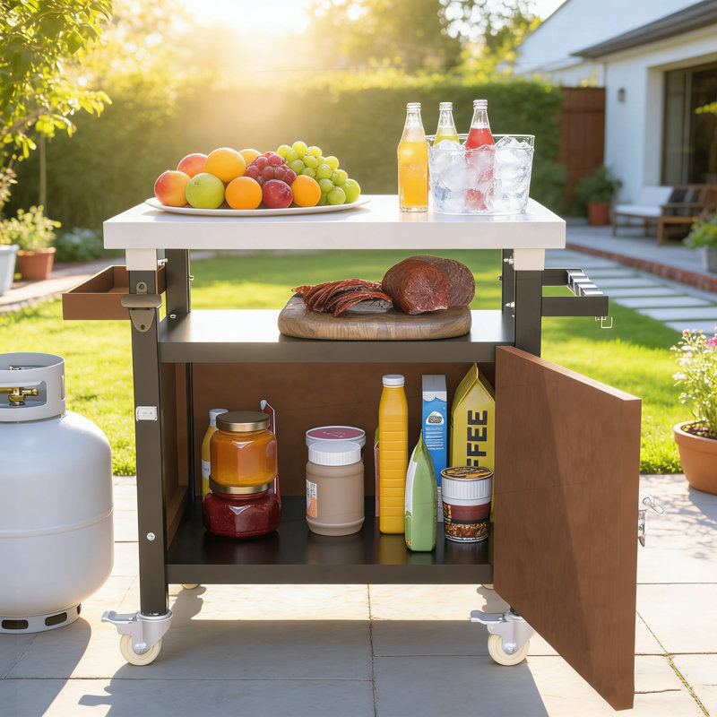 Chariot de barbecue extérieur mobile avec plateau en acier inoxydable, rangement, roulettes, crochets et support à épices pour cuisiner et recevoir en terrasse.