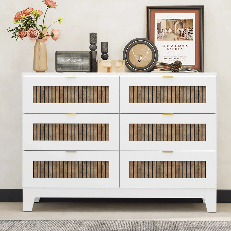 Commode en bois de style rustique avec 6 tiroirs, armoire de rangement pour chambre à coucher avec poignées en métal, Blanc