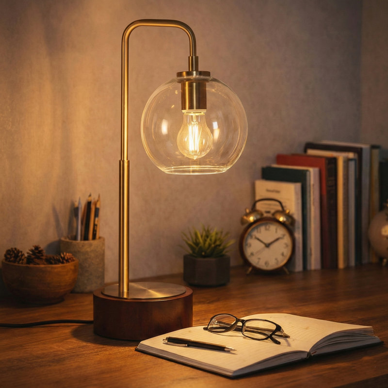 Mid Century Modern Bronze and Wood Bedside Table Lamp